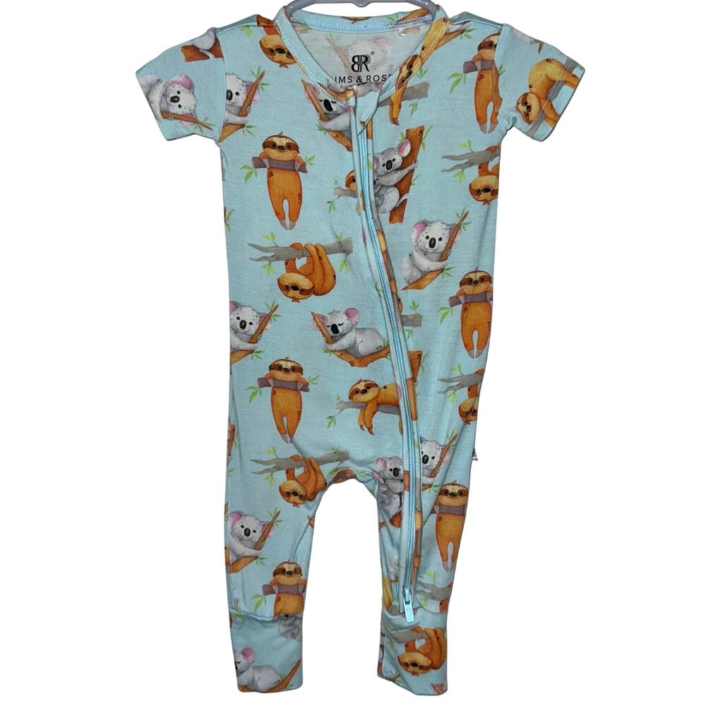 Bums & Roses Bamboo Light Blue Sloth Koala Short Sleeve Romper Jumpsuit 0-3M